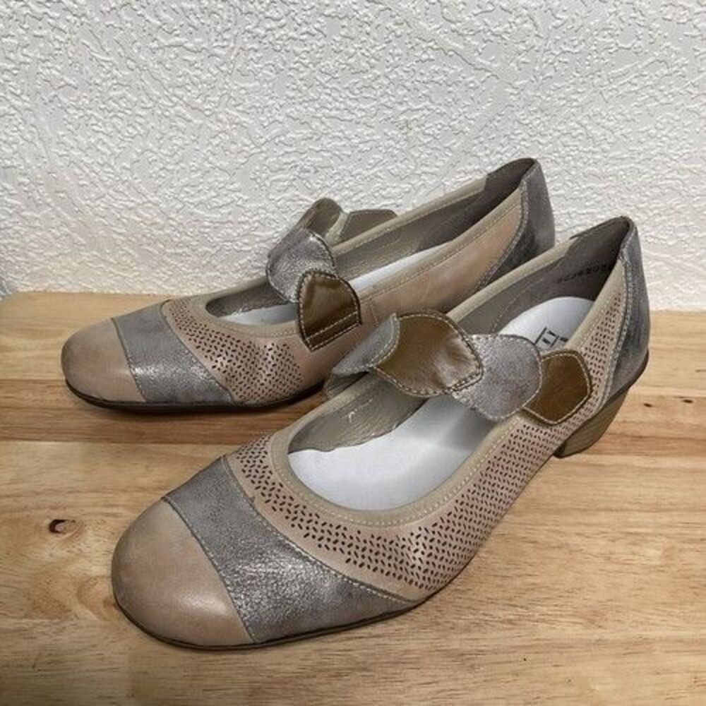 Rieker Leather Artsy Glam Mary Jane Pump Sandals Women Size 41/US9.5 Silver/Tan
